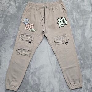BoohooMAN Mens Size 2XL 36W Khaki Varsity Patch Cargo Jogger Pants Streetwear